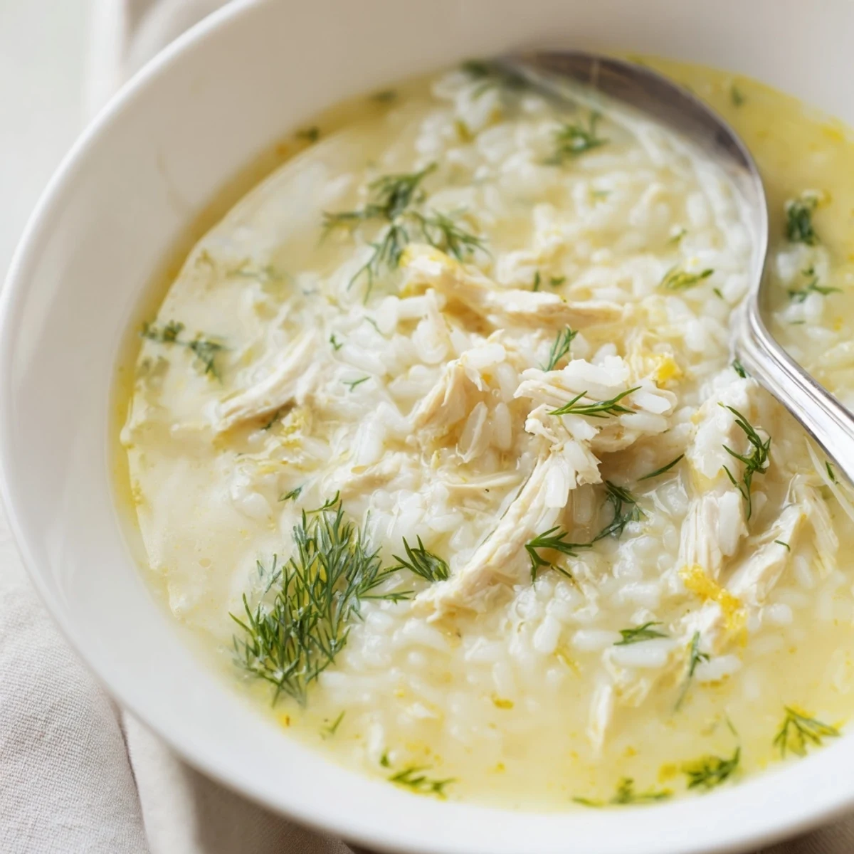 Golden bowl of Avgolemono Greek lemon chicken soup garnished with fresh dill and served with crusty bread.