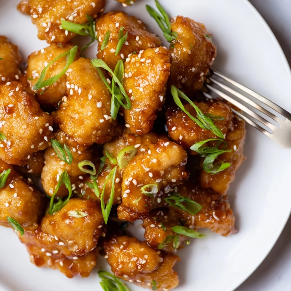 Golden honey garlic chicken pieces glazed in sticky sweet savory sauce with sesame seeds