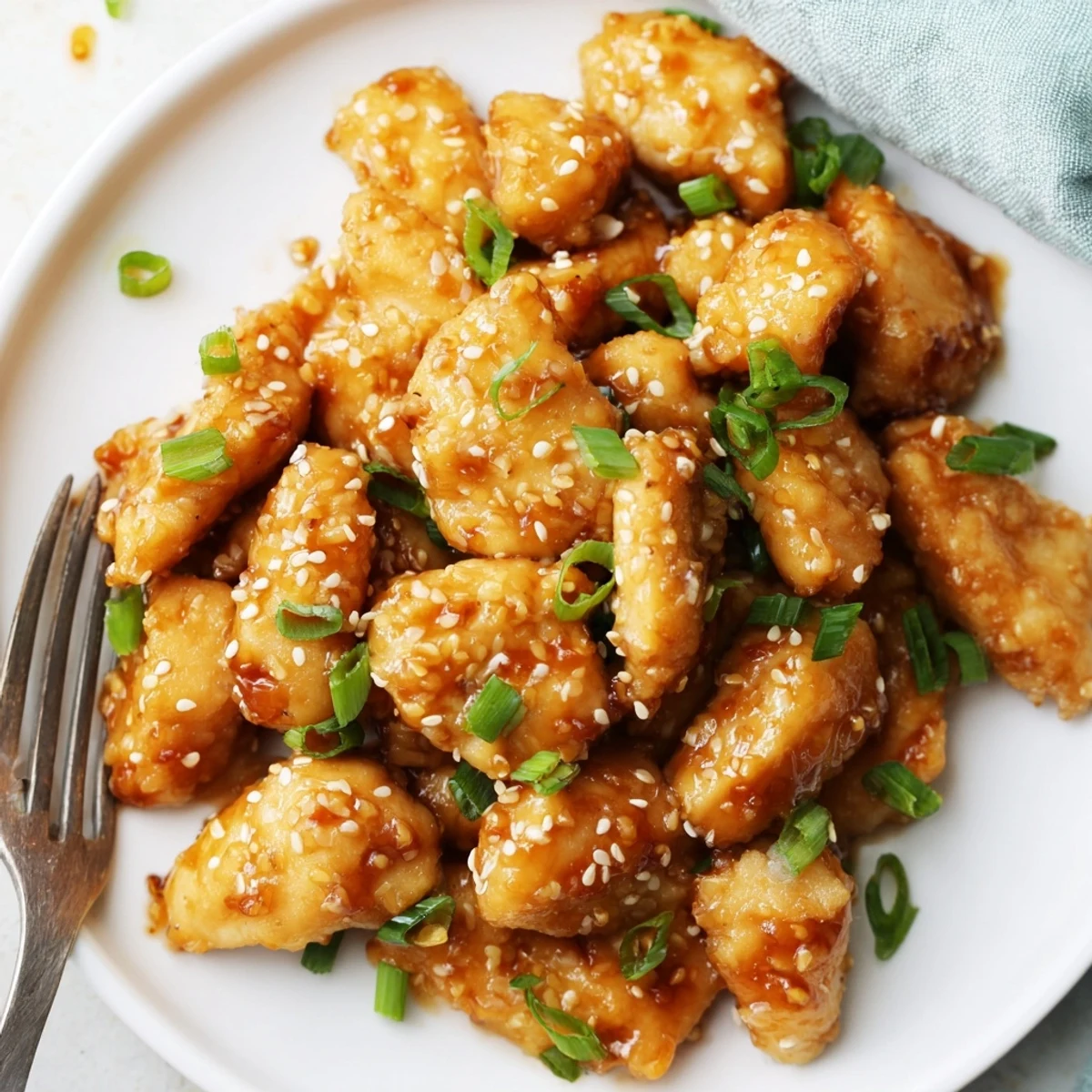 Tender chicken bites coated in glossy honey garlic sauce garnished with fresh green onions
