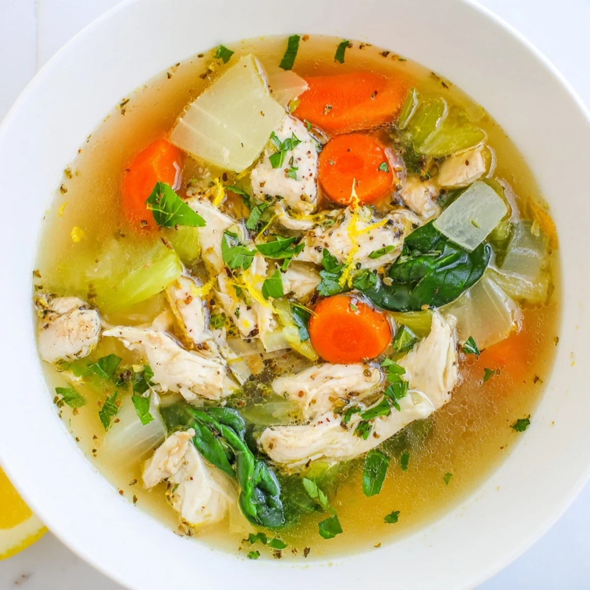 Golden bowl of Mediterranean lemon herb chicken soup with tender vegetables and fresh spinach garnish