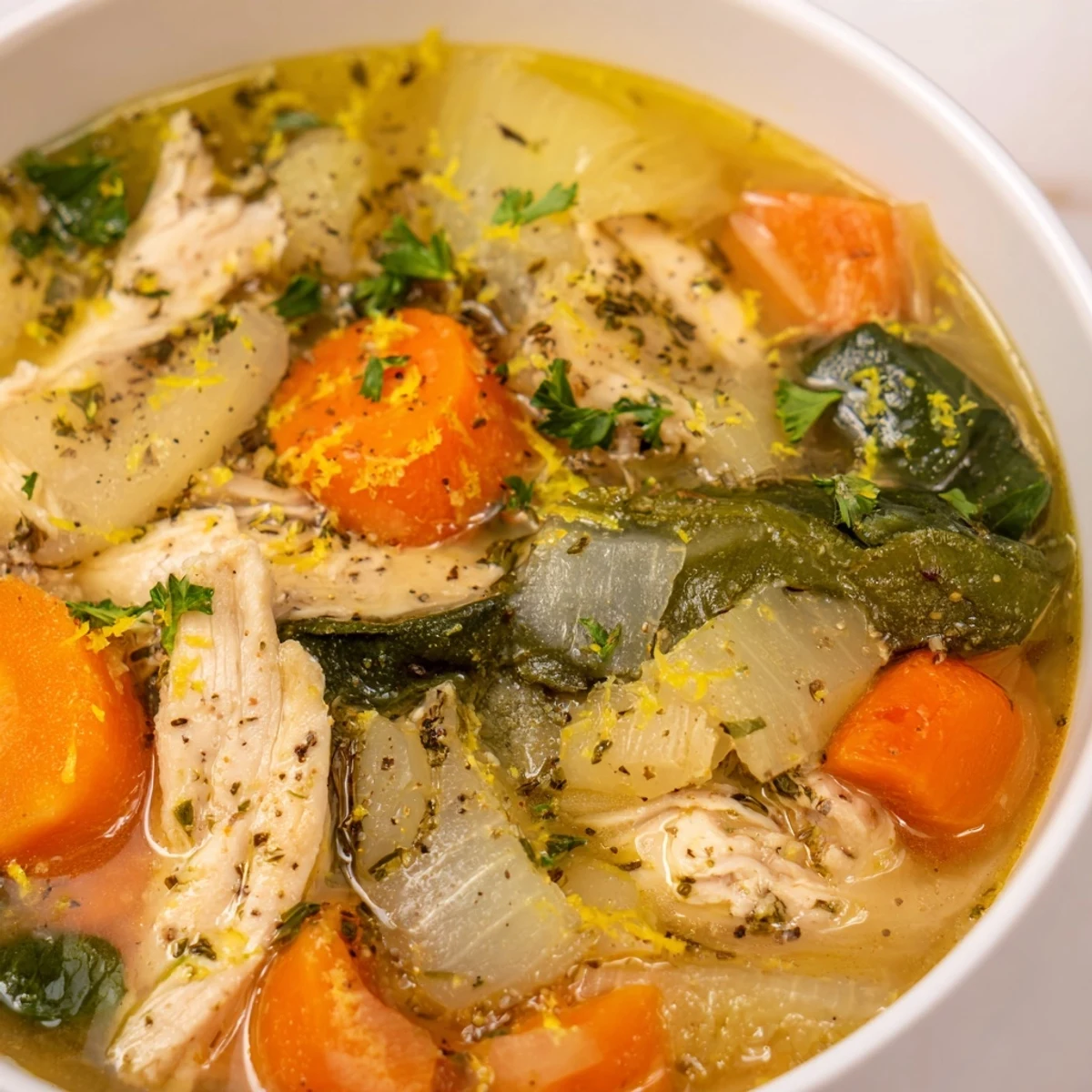 Creamy chicken soup with Mediterranean herbs, lemon zest, and colorful vegetables in a rustic white bowl
