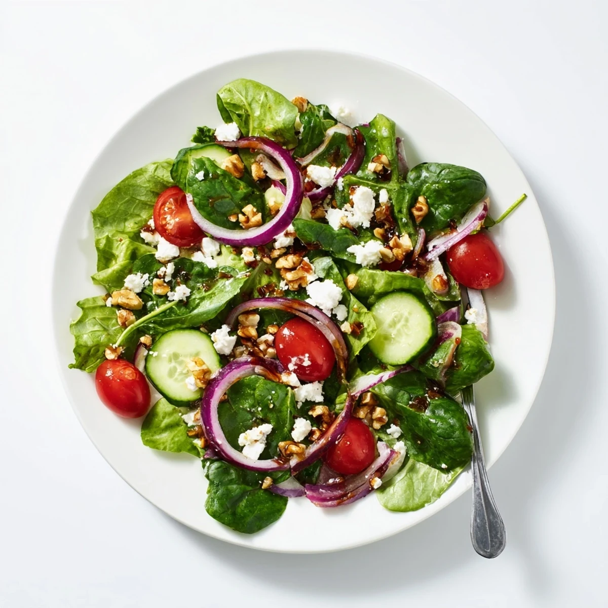 Fresh spring mix salad with colorful cherry tomatoes and sweet balsamic honey dressing drizzled over crisp greens