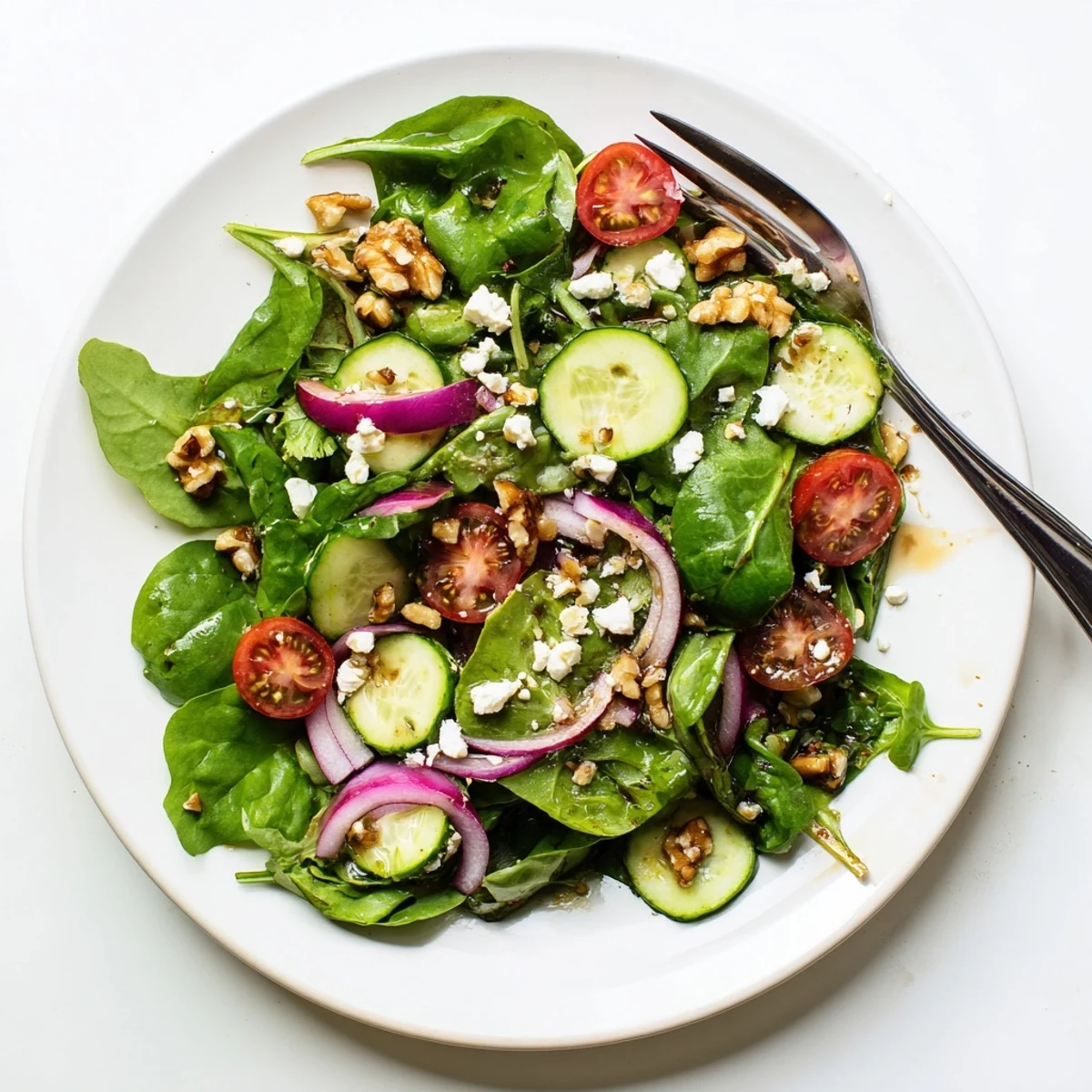 Colorful spring mix salad topped with feta cheese, toasted walnuts, and homemade balsamic honey dressing on rustic table