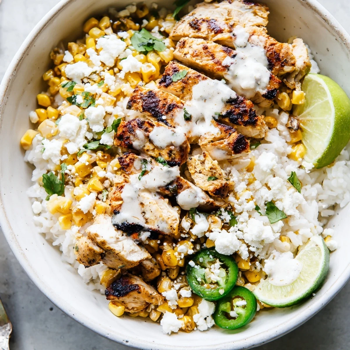 Street corn chicken rice bowl featuring grilled chicken, charred corn, cotija cheese, and zesty lime crema drizzle