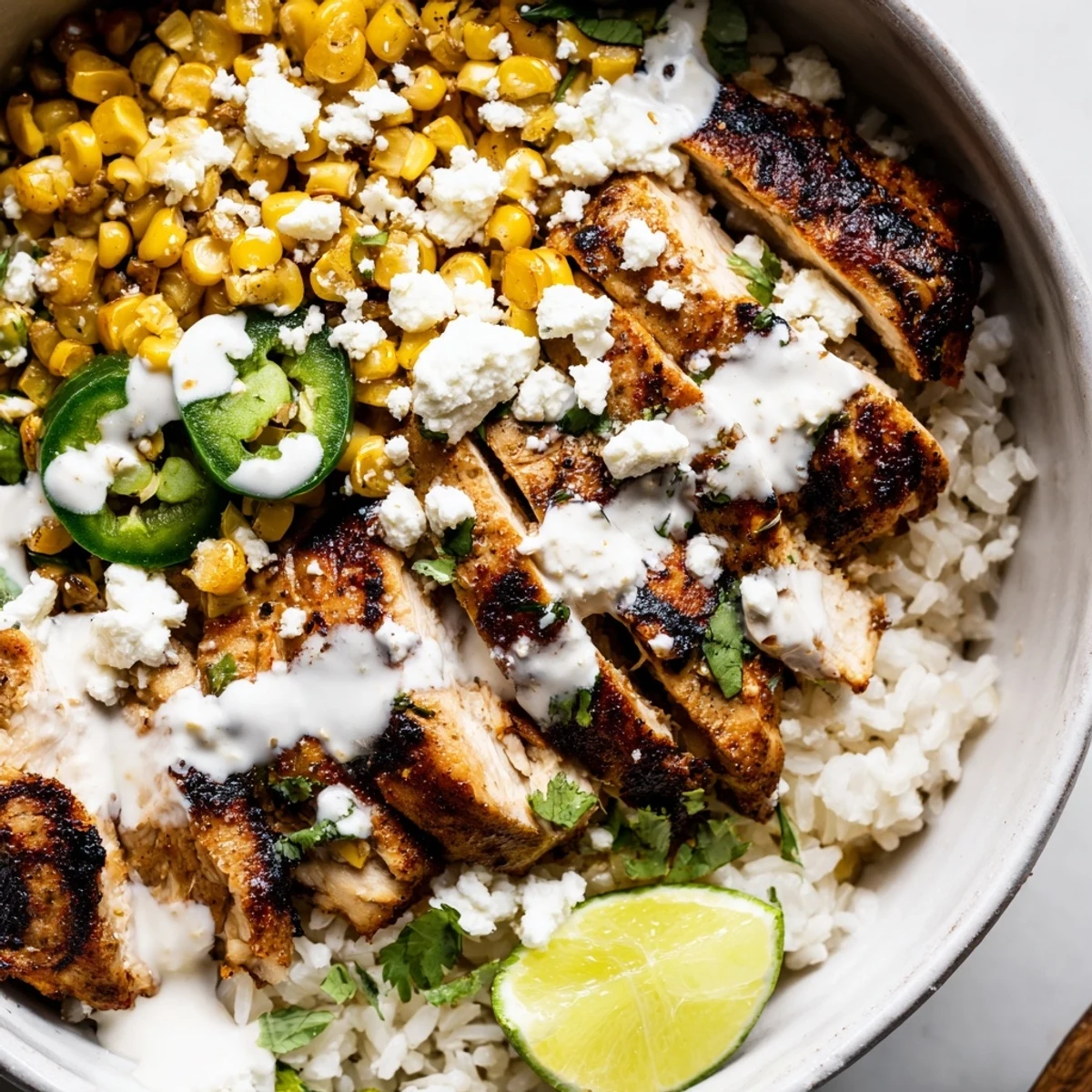 Vibrant street corn chicken rice bowl layered with spiced chicken, smoky corn, creamy sauce, and fresh cilantro