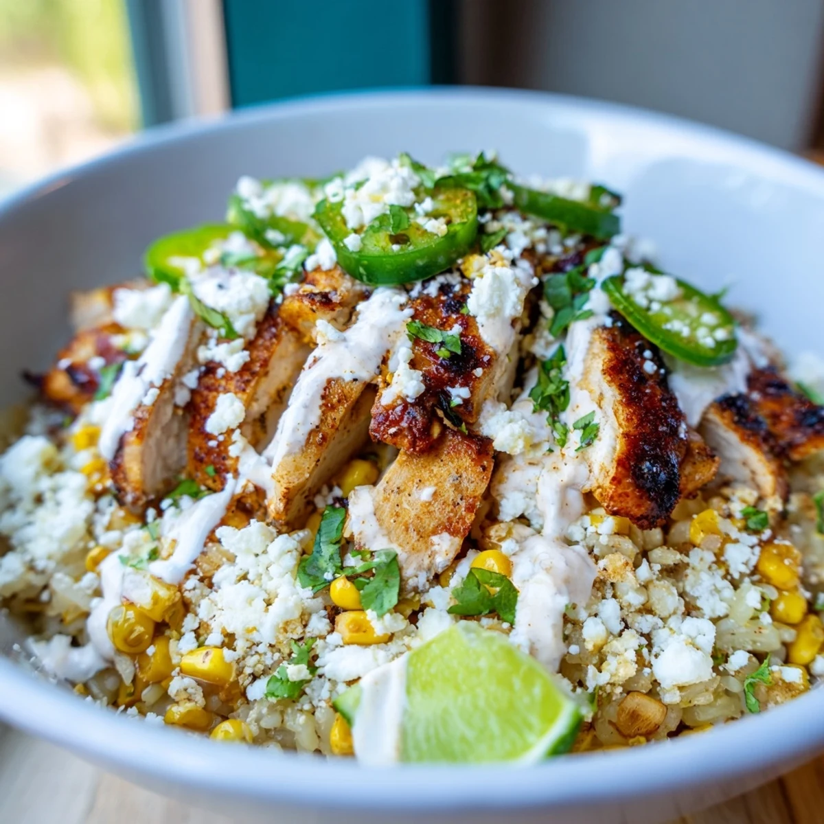 Hearty street corn chicken rice bowl topped with sliced grilled chicken, seasoned corn, crumbled cheese, and jalapeño
