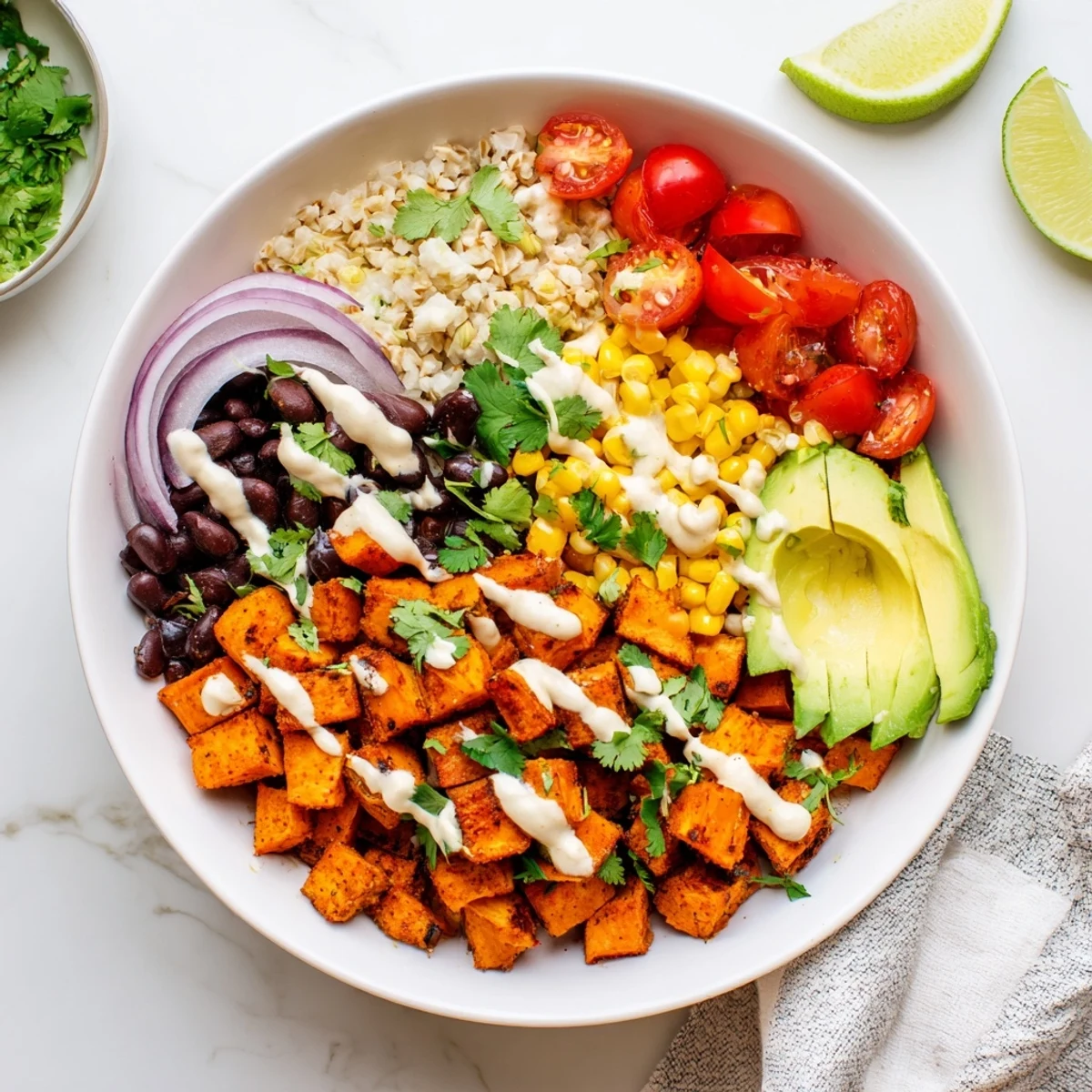 Hearty vegan sweet potato burrito bowl layered with zesty lime rice and fresh toppings