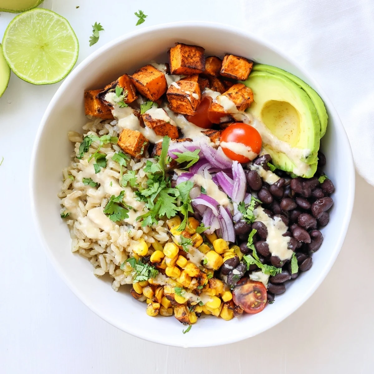 Nourishing vegan sweet potato burrito bowl featuring caramelized roasted vegetables and creamy avocado slices