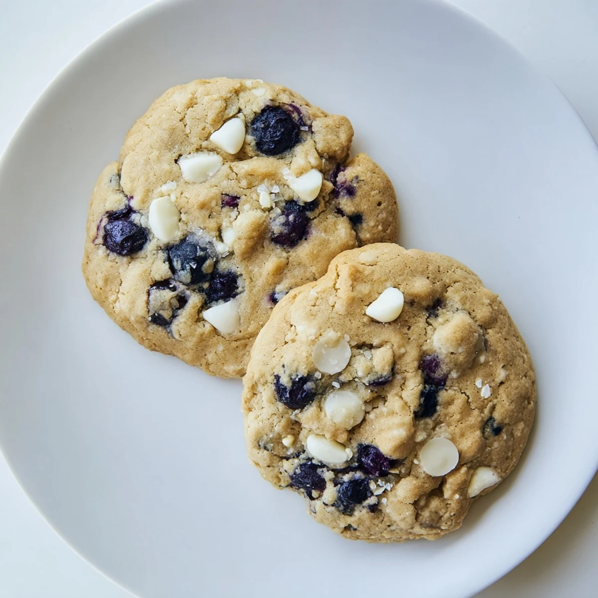 Golden chewy lemon blueberry cookies with juicy berries on a wire cooling rack