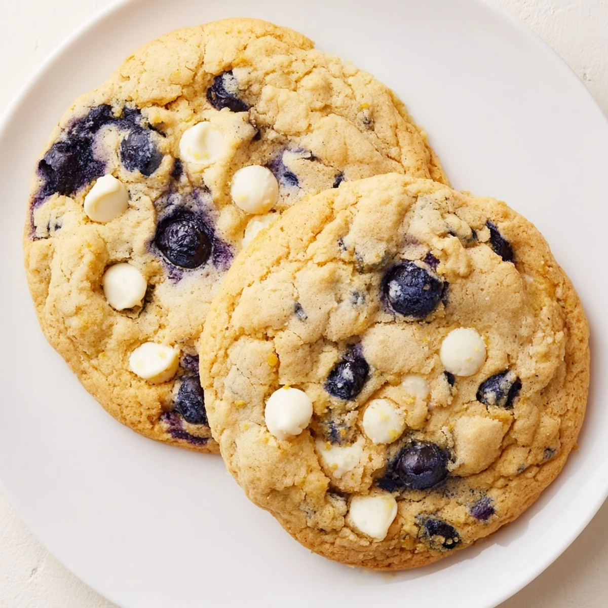 Soft baked lemon blueberry cookies topped with fresh blueberries and white chocolate chips