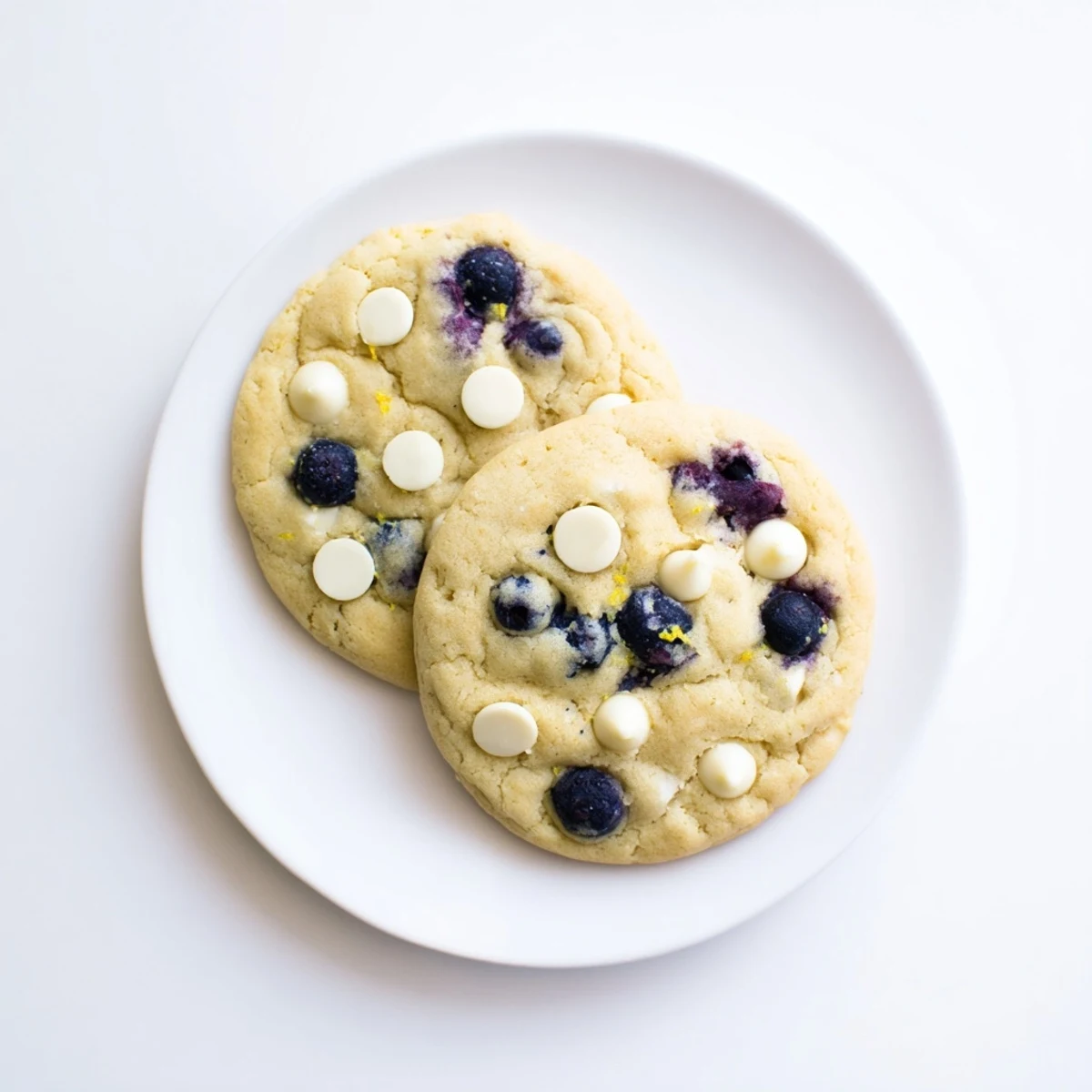 Plate of chewy lemon blueberry cookies with golden edges and bright lemon zest
