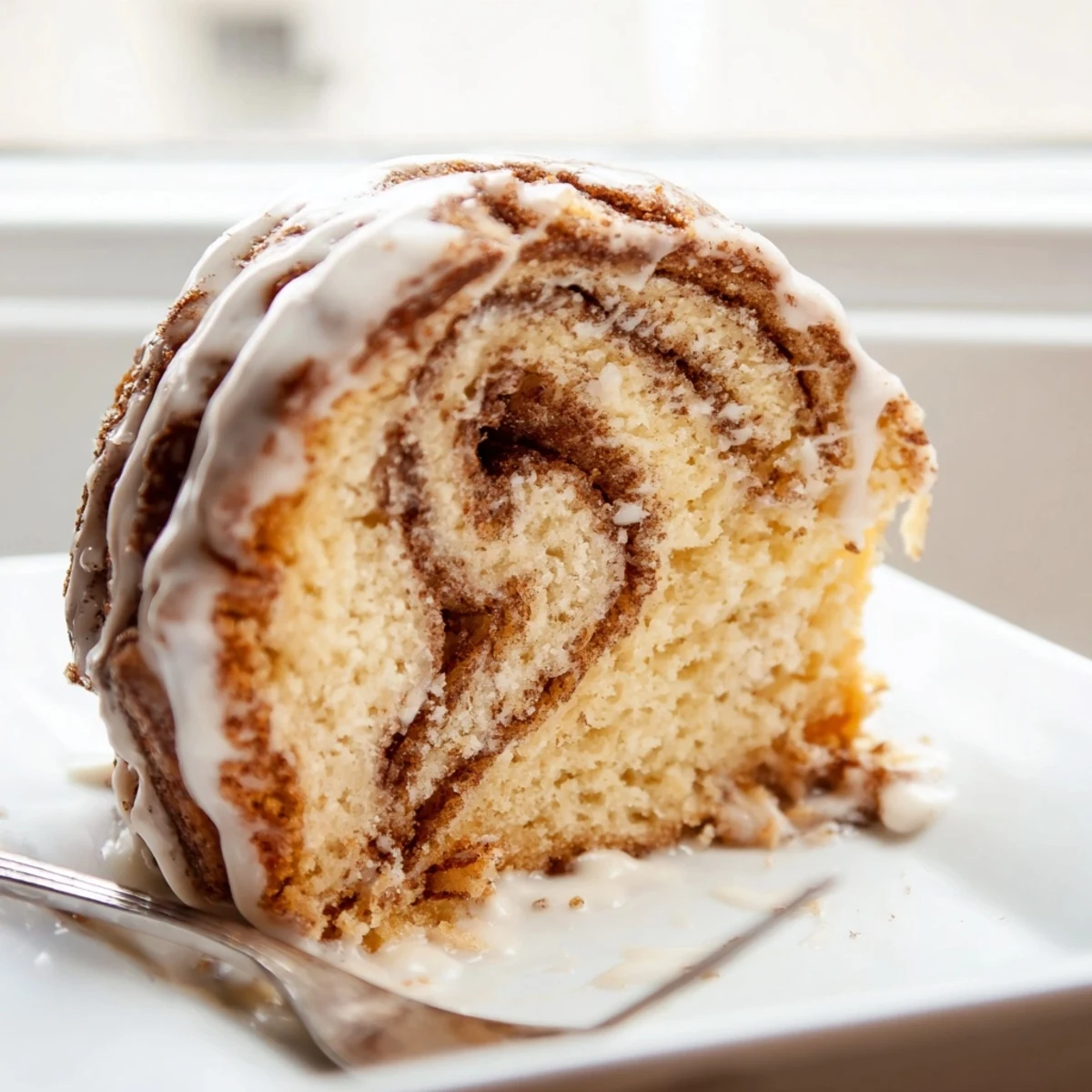 Golden swirled cinnamon roll cake with buttery ribbons and white vanilla glaze drizzle