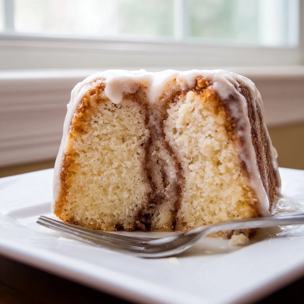Warm cinnamon roll cake slice showcasing spiral cinnamon patterns topped with sweet glaze