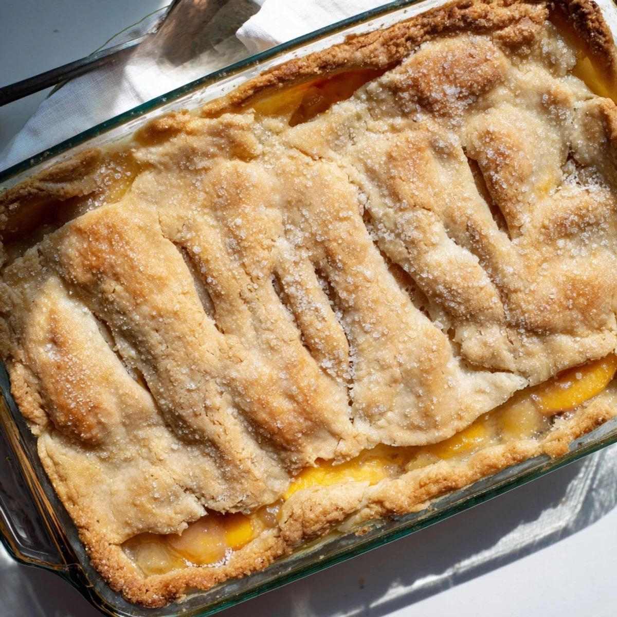 Classic peach cobbler with flaky golden crust bubbling with sweet spiced fruit filling