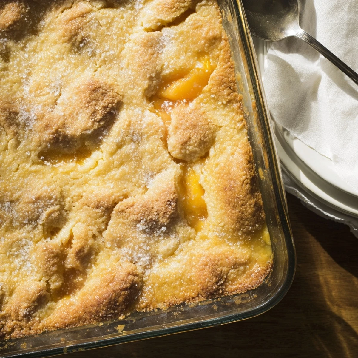 Baked peach cobbler topped with buttery flaky pastry crust fresh from the oven