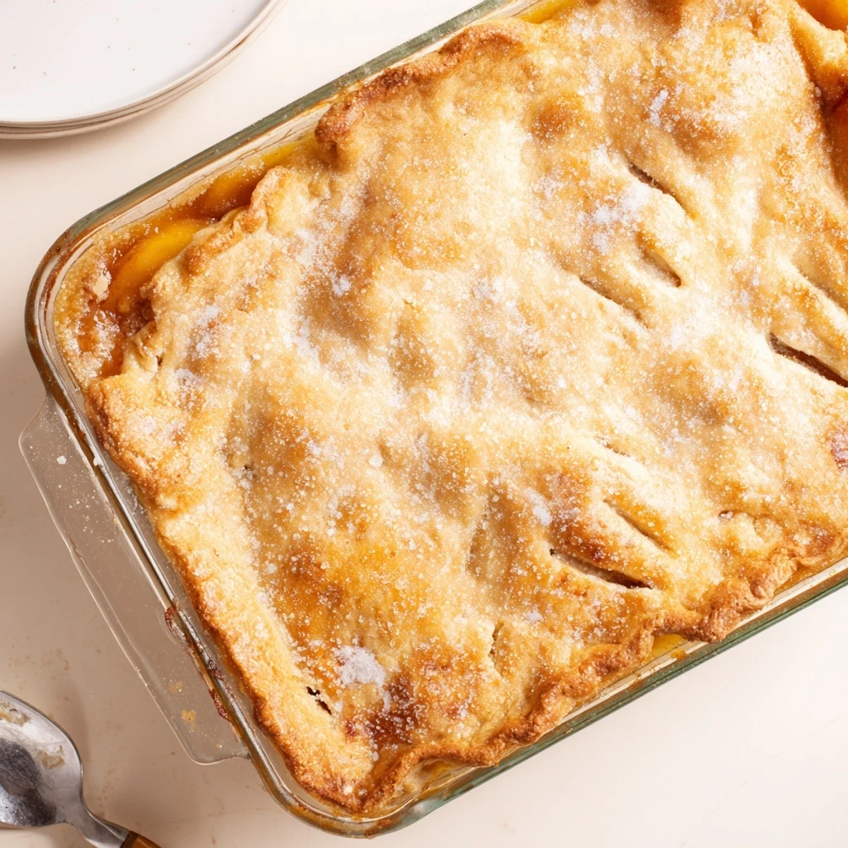 Golden peach cobbler with tender fruit beneath crispy pastry crust served warm
