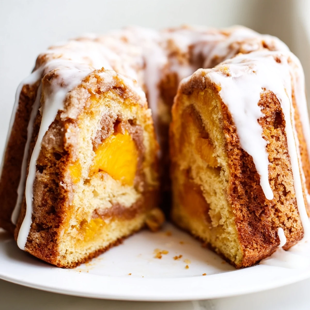 Golden peach cobbler pound cake drizzled with vanilla glaze and fresh peach slices