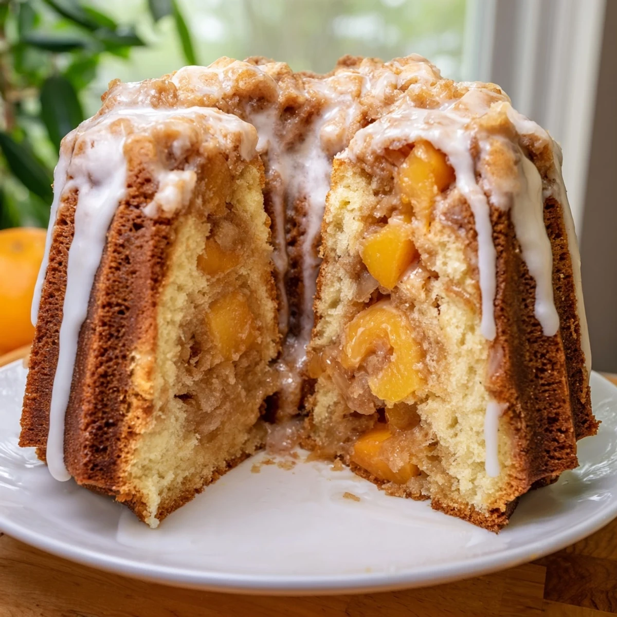 Buttery pound cake layered with spiced peaches and sweet white icing on serving plate