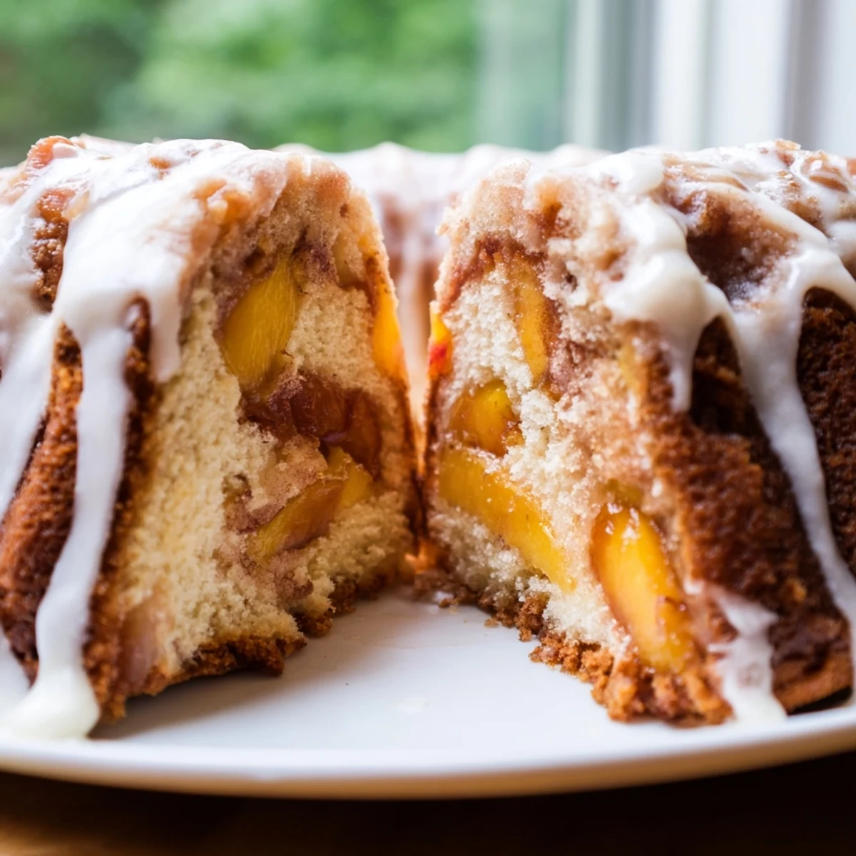 Decadent peach cobbler pound cake showing tender crumb with juicy fruit and cinnamon swirl