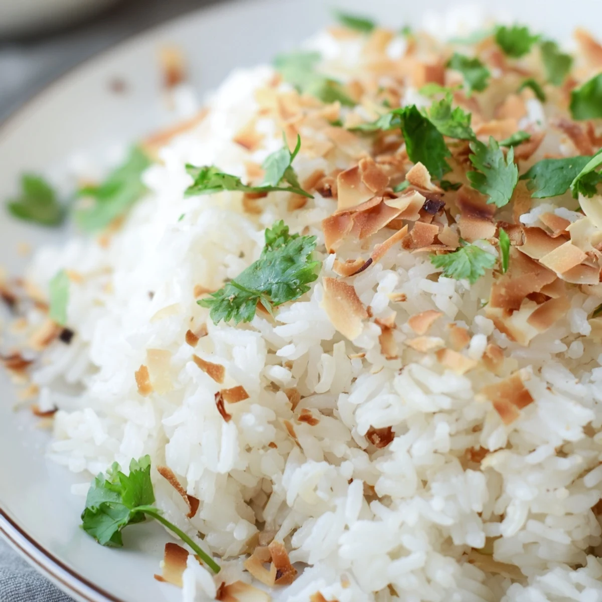 Fluffy coconut rice garnished with toasted coconut flakes and fresh cilantro in a serving bowl