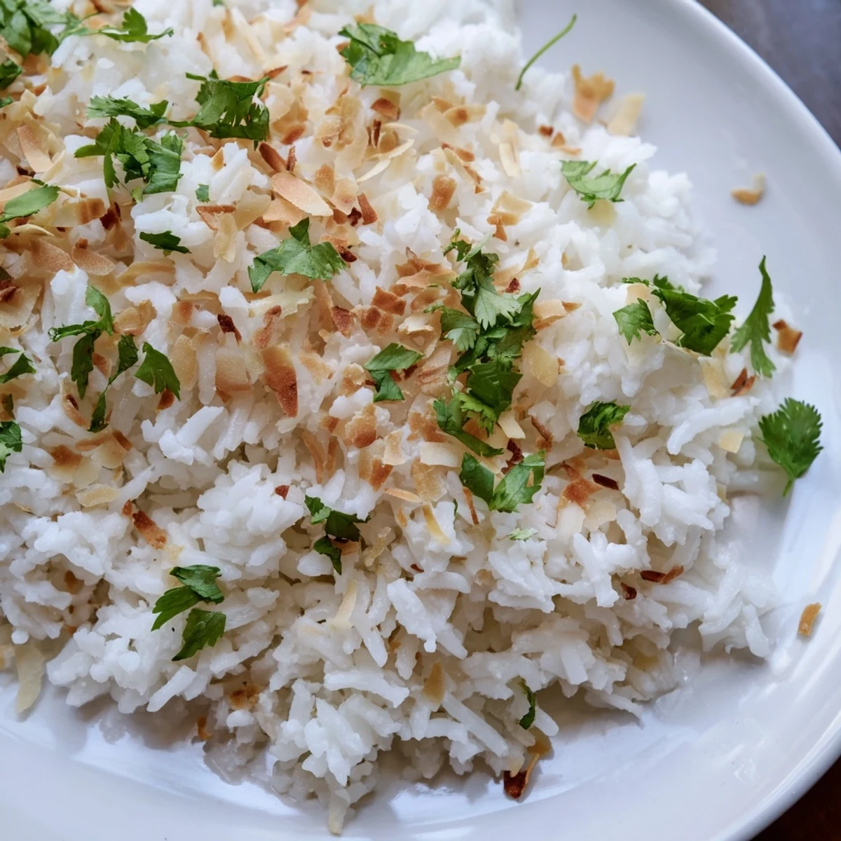 Steaming jasmine coconut rice fluffed with a fork alongside grilled chicken and curry