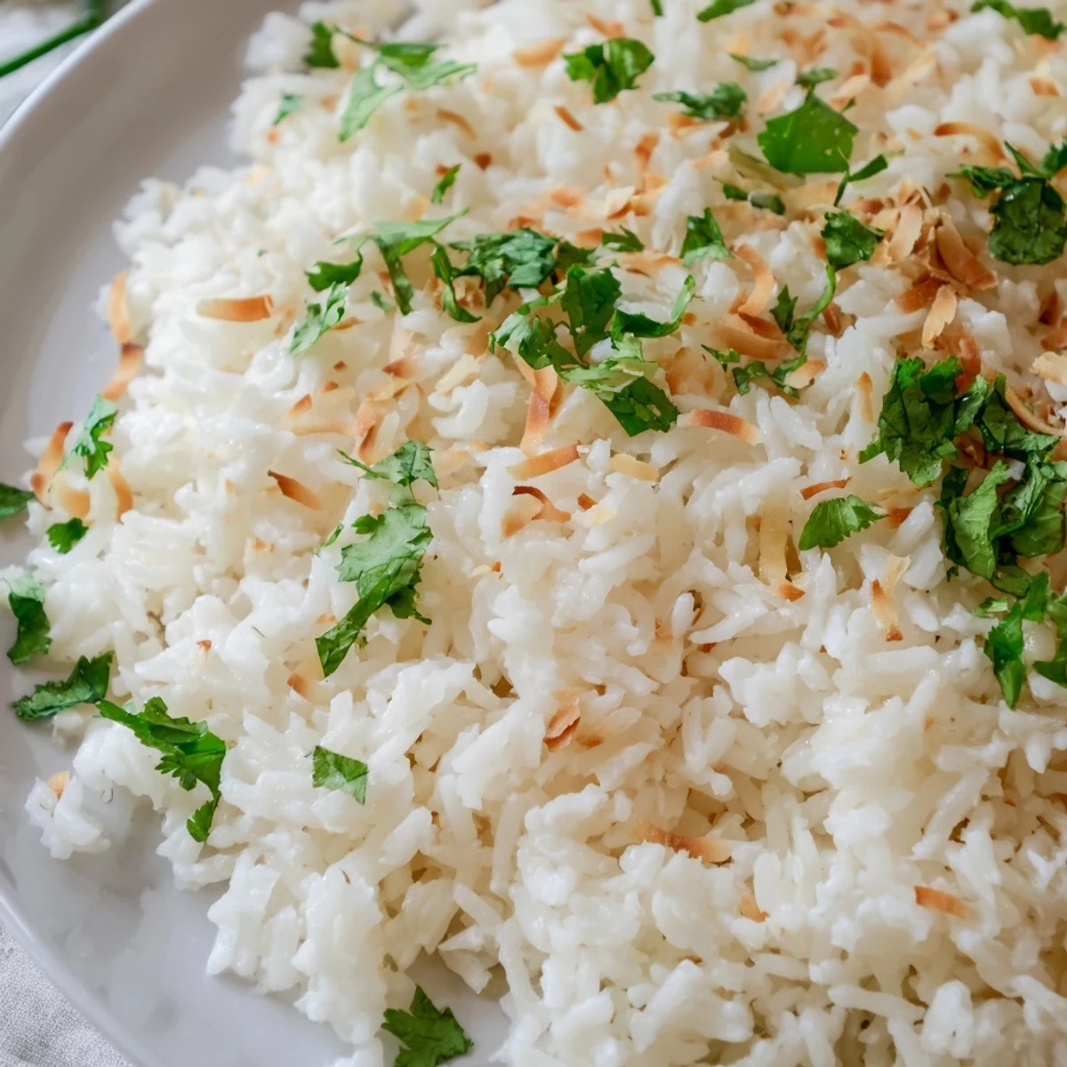 Creamy coconut milk rice topped with toasted flakes and scallions on a white plate