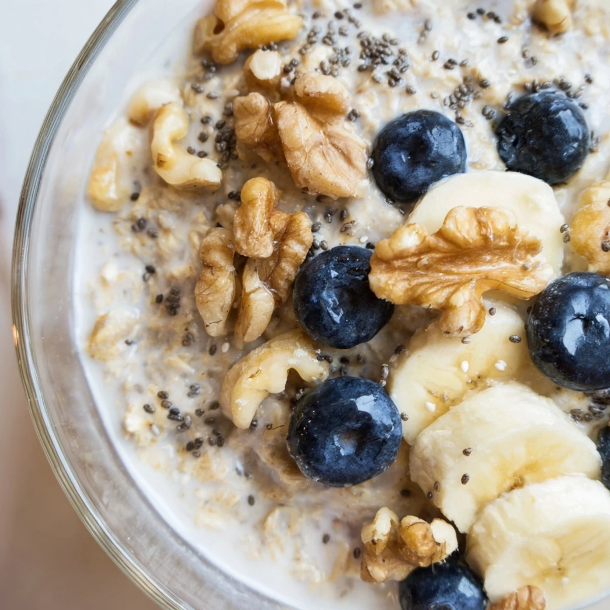Creamy brown sugar overnight oats in a glass jar topped with fresh berries and chopped nuts for a wholesome breakfast