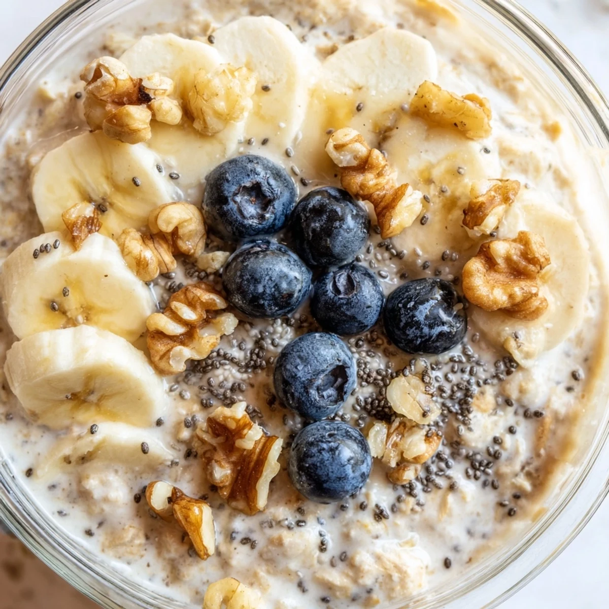 Wholesome bowl of brown sugar overnight oats layered with Greek yogurt and vanilla, ready to grab and go