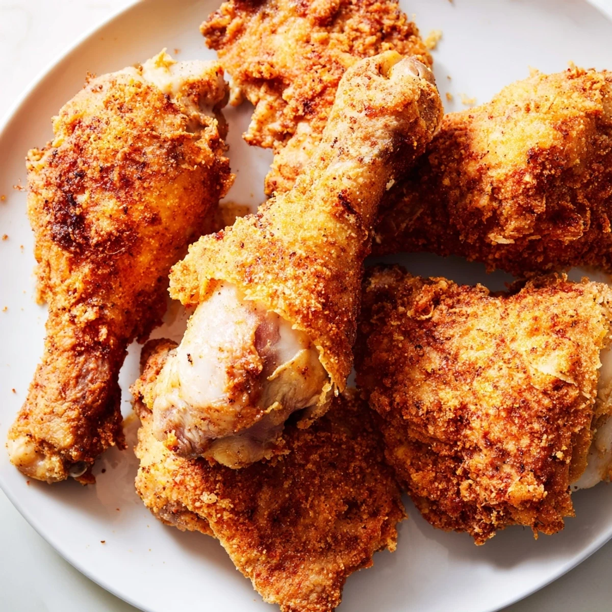 Golden brown crispy Southern fried chicken with crunchy seasoned coating on white plate