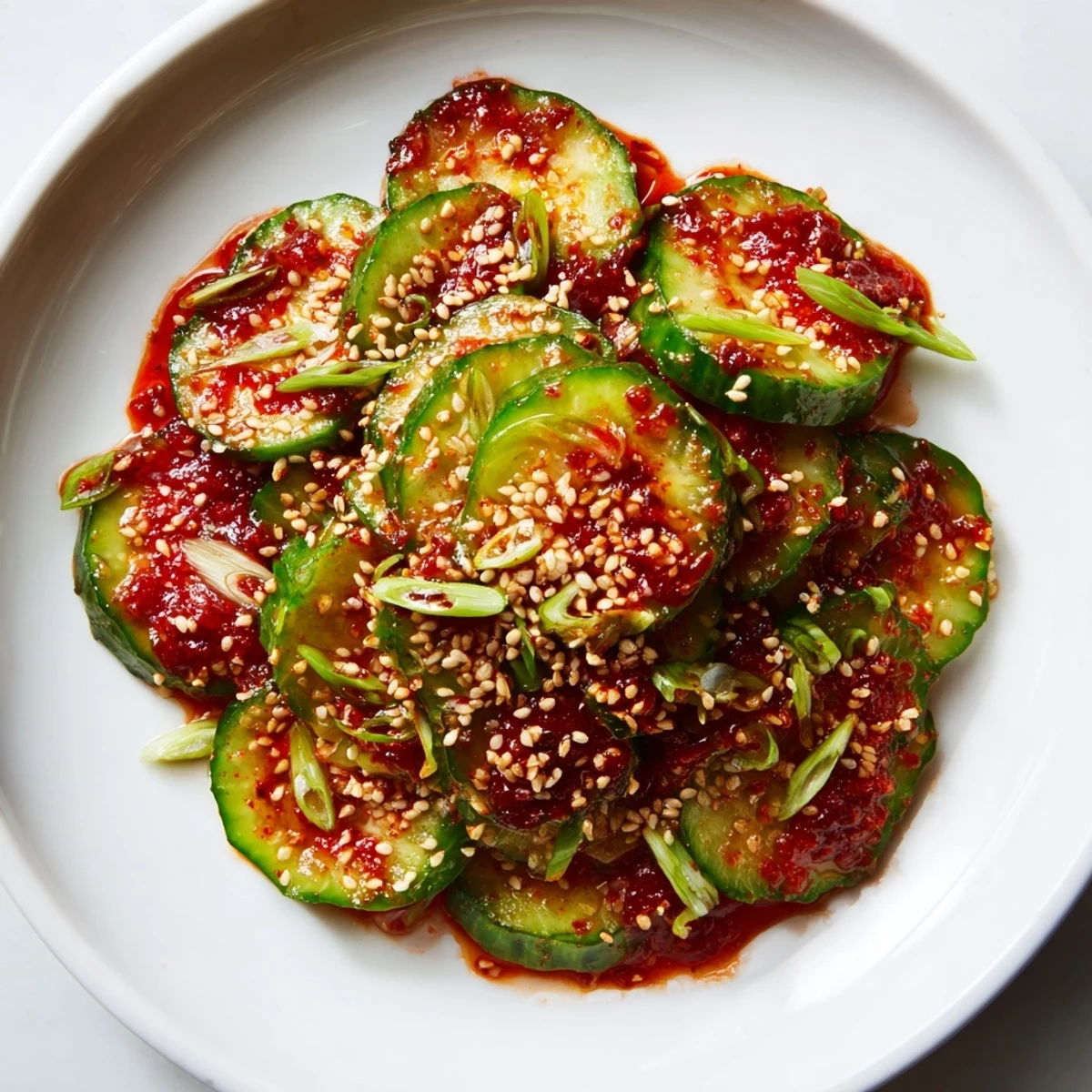 Fresh Korean cucumber salad featuring crisp cucumber slices coated in spicy red chili dressing and topped with toasted sesame seeds