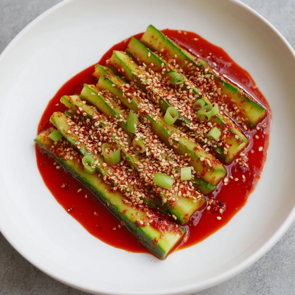 Vibrant bowl of Korean cucumber salad dressed with sesame oil and gochugaru, garnished with green onions and crunchy sesame seeds