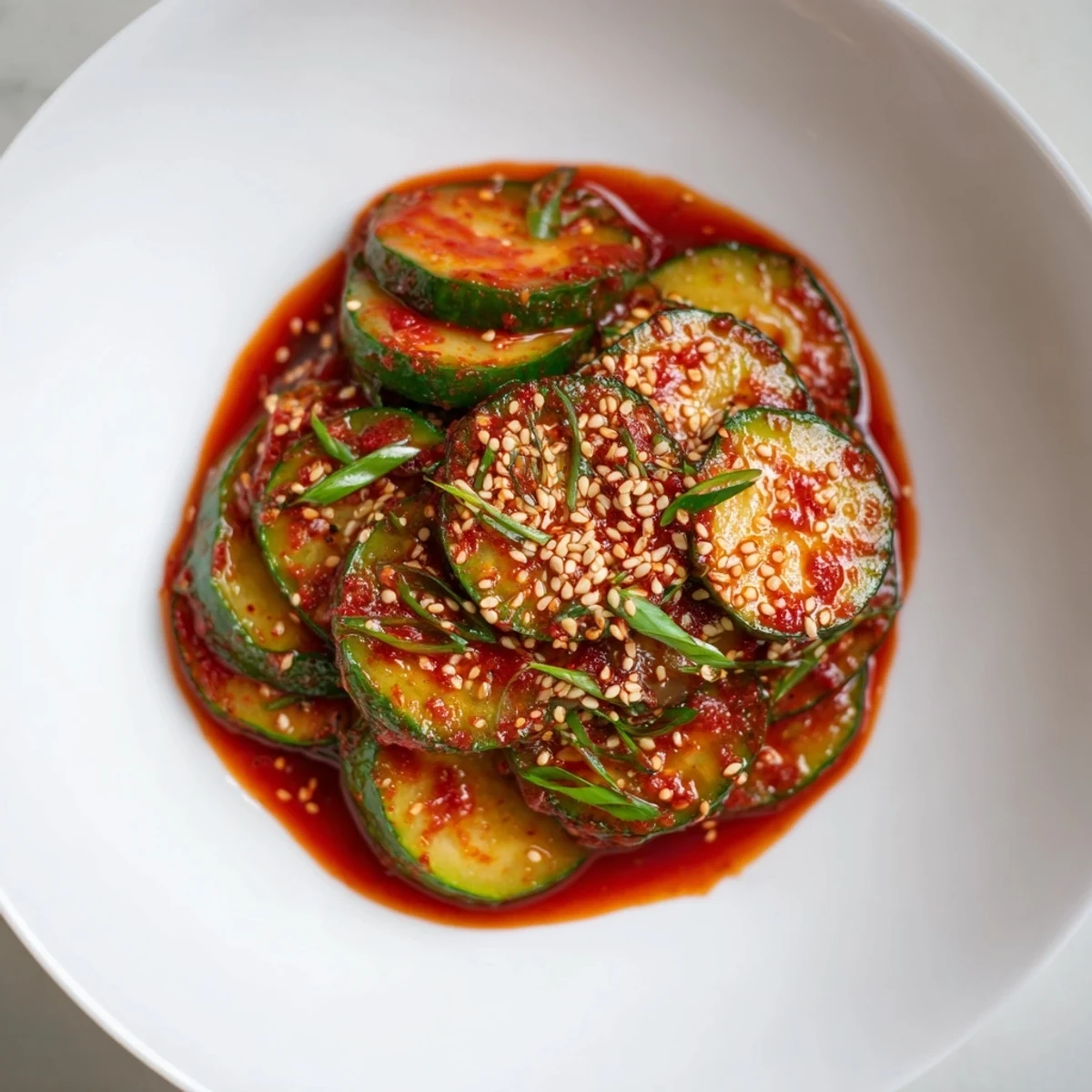 Close-up of spicy-sweet Korean cucumber salad showcasing thinly sliced cucumbers tossed in a tangy red chili sesame dressing