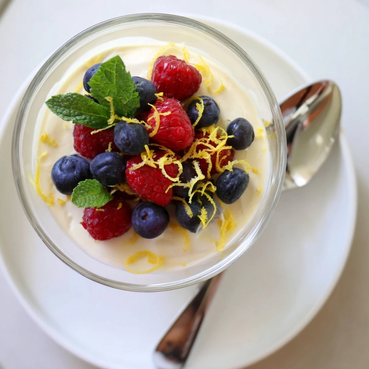 Light and fluffy no bake lemon mascarpone m dessert with vibrant lemon zest garnish on white plate