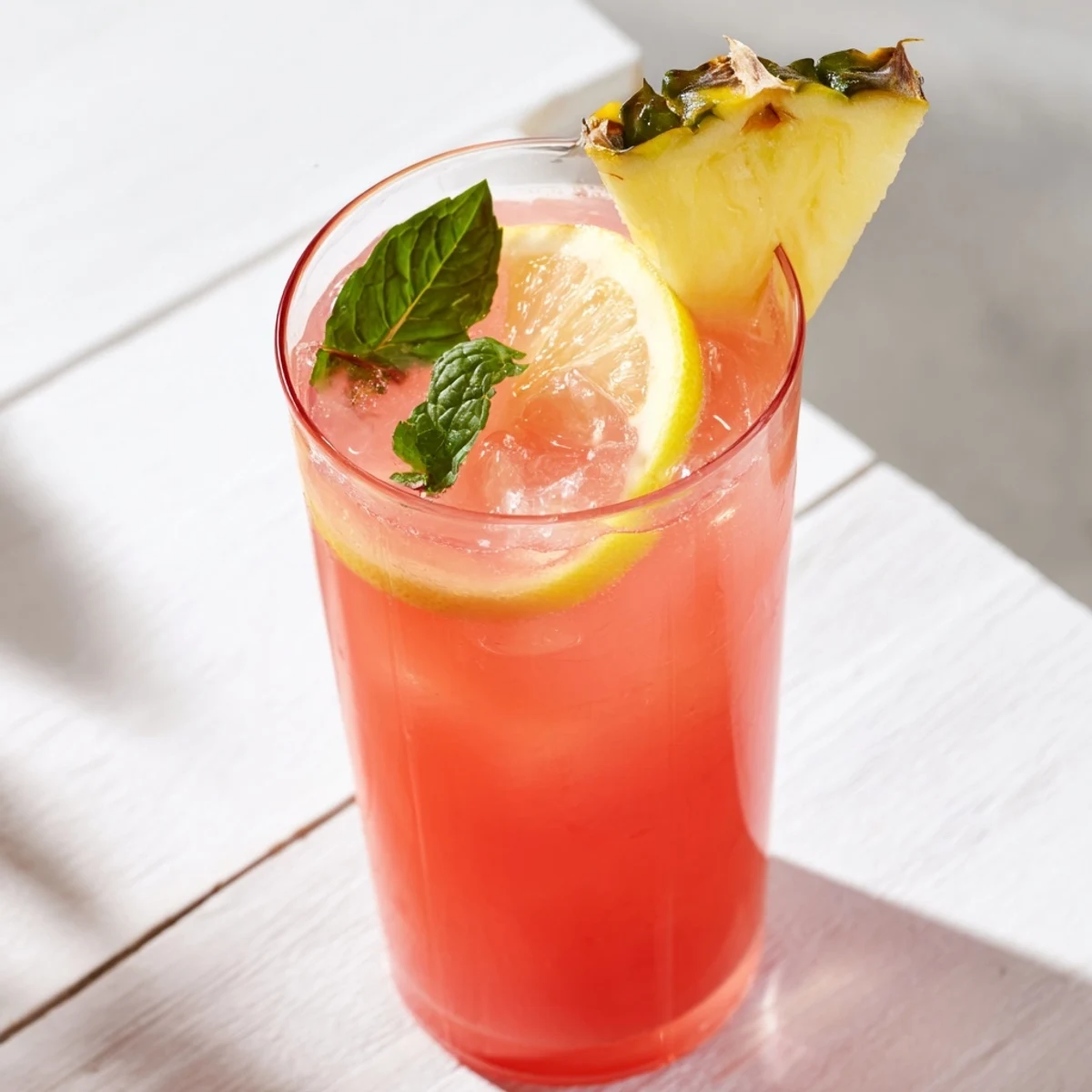 Golden pineapple pink lemonade poured over ice in a clear glass with fresh mint garnish