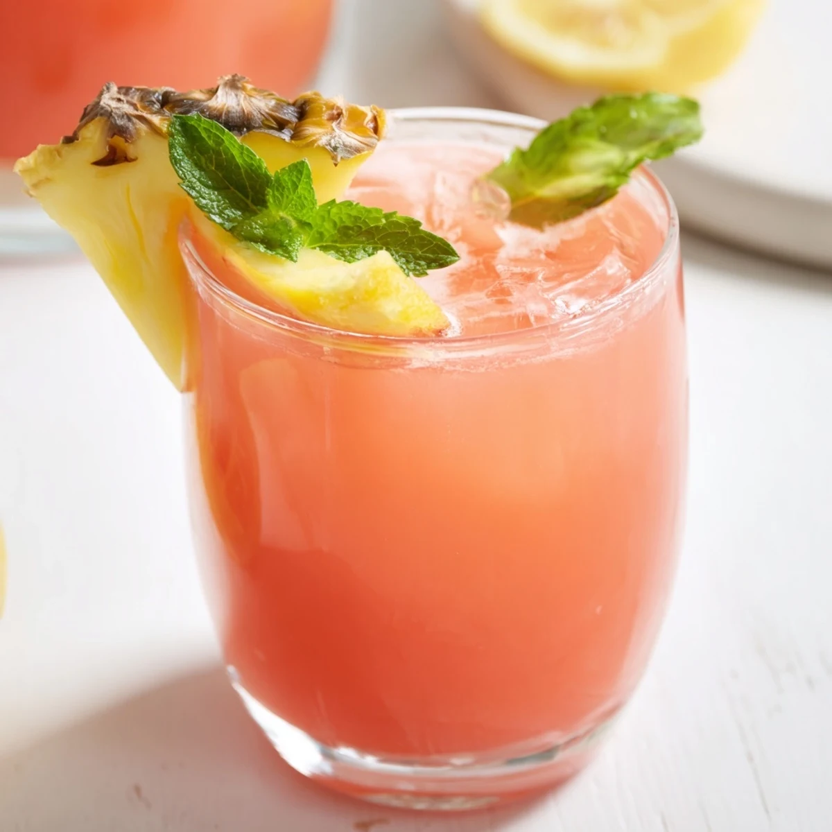 Tropical pineapple pink lemonade pitcher garnished with pineapple wedges and lemon slices on a sunny table