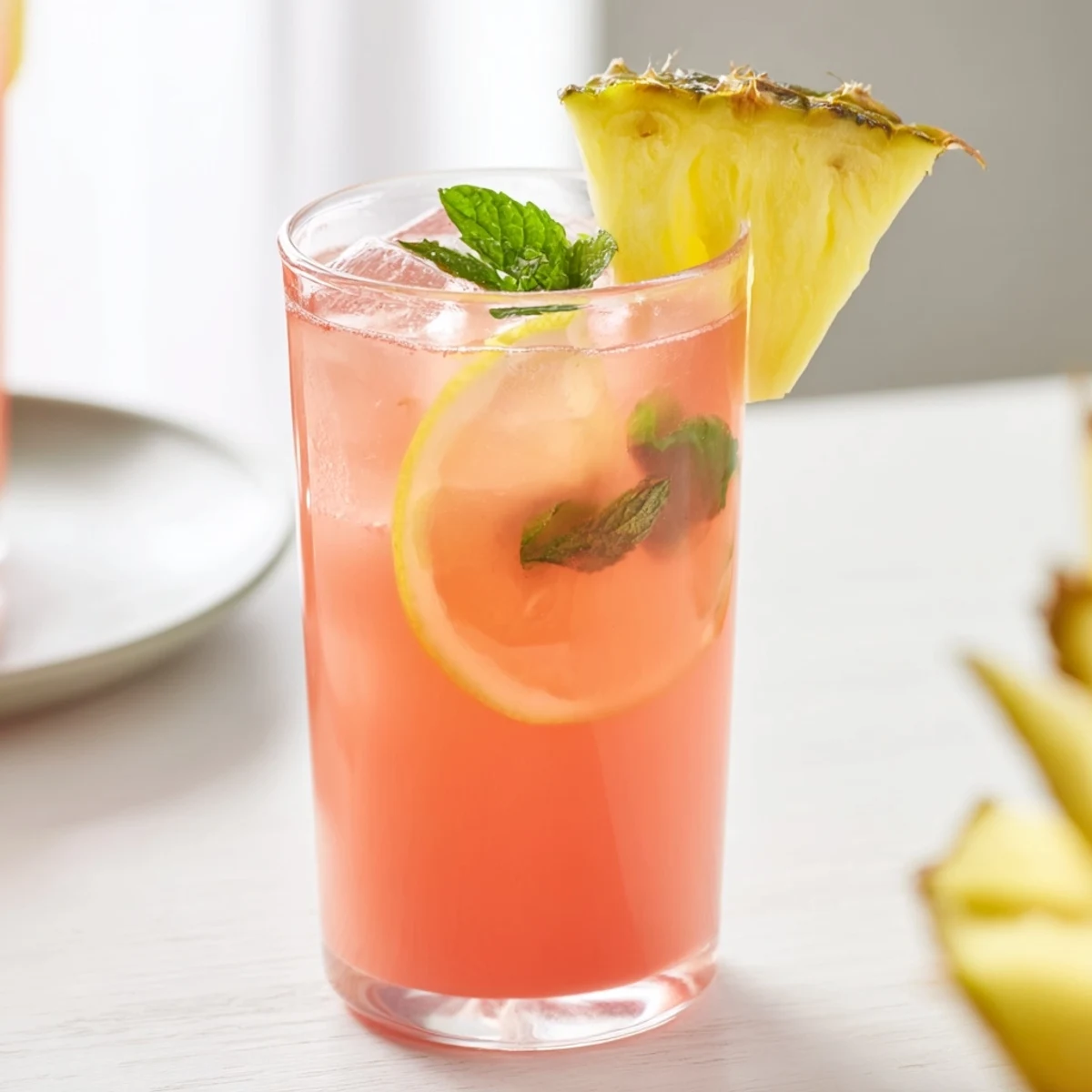Refreshing pineapple pink lemonade served chilled with colorful fruit skewers and ice in tall glasses