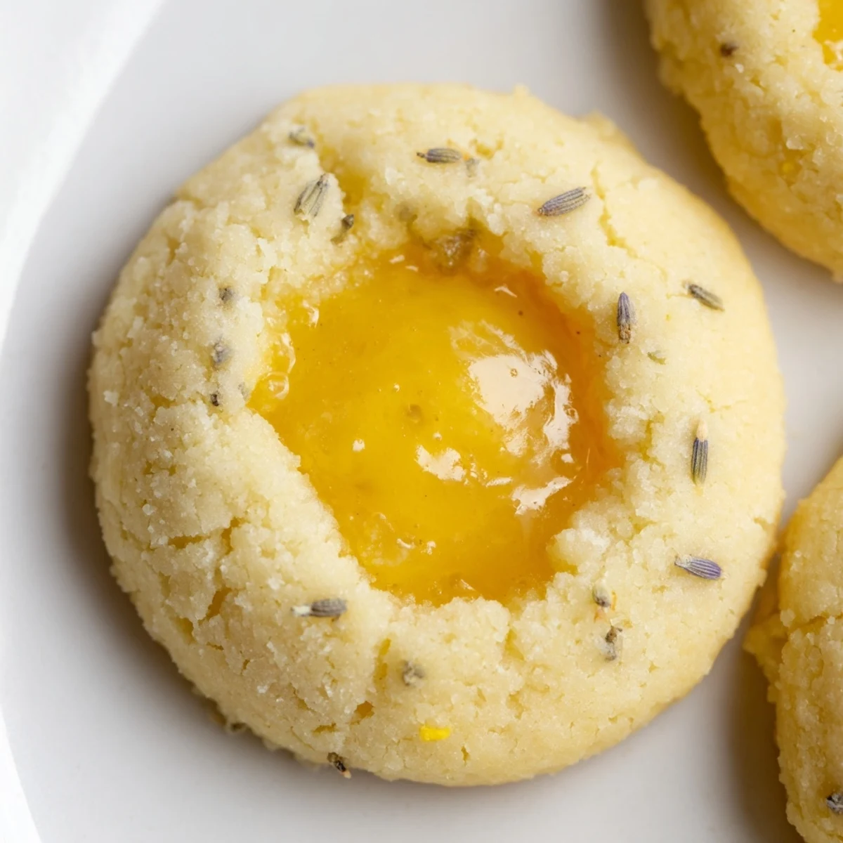 Golden lemon lavender thumbprint cookies filled with bright lemon curd on a white plate