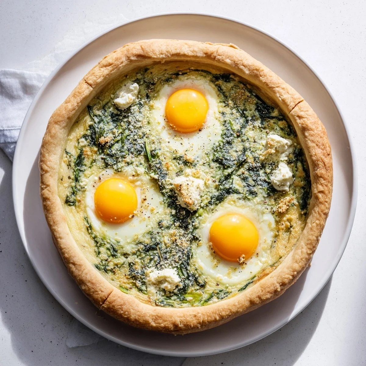 Golden Easter Tart with tender flaky pastry crust filled with creamy ricotta spinach mixture and baked eggs