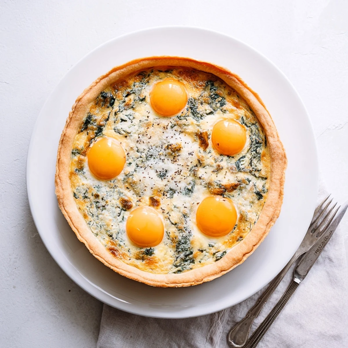 Savory Italian Easter Tart sliced to reveal the golden ricotta spinach filling nestled in buttery pastry