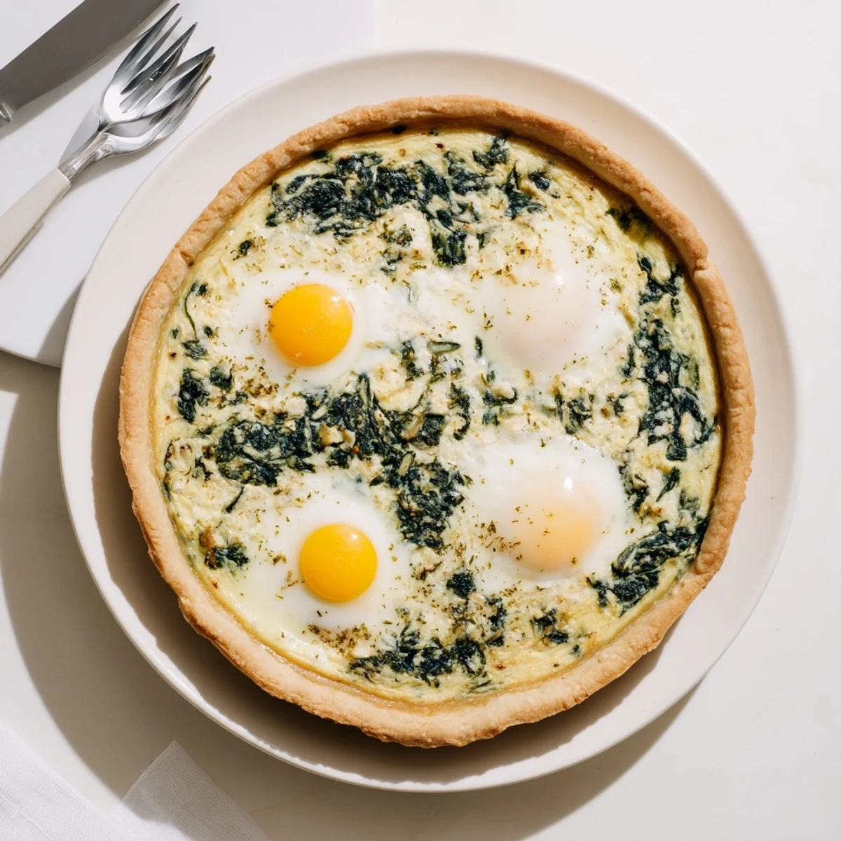 Traditional Easter Tart featuring whole eggs baked into a creamy ricotta and spinach filling in a flaky crust