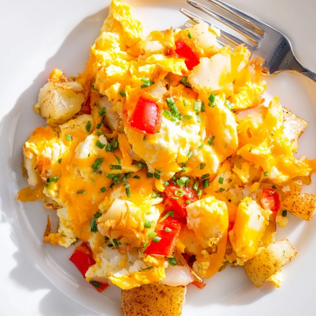 Hearty breakfast plate of fluffy cheesy potato egg scramble topped with fresh green chives
