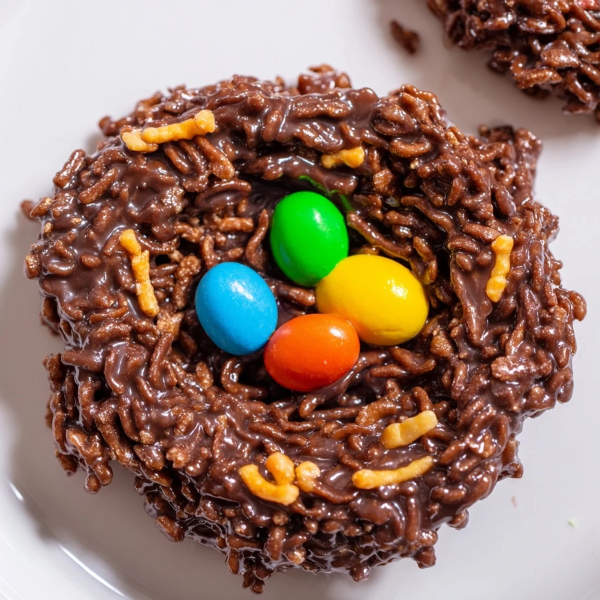 Crispy chow mein noodle nests topped with pastel chocolate eggs for Easter dessert