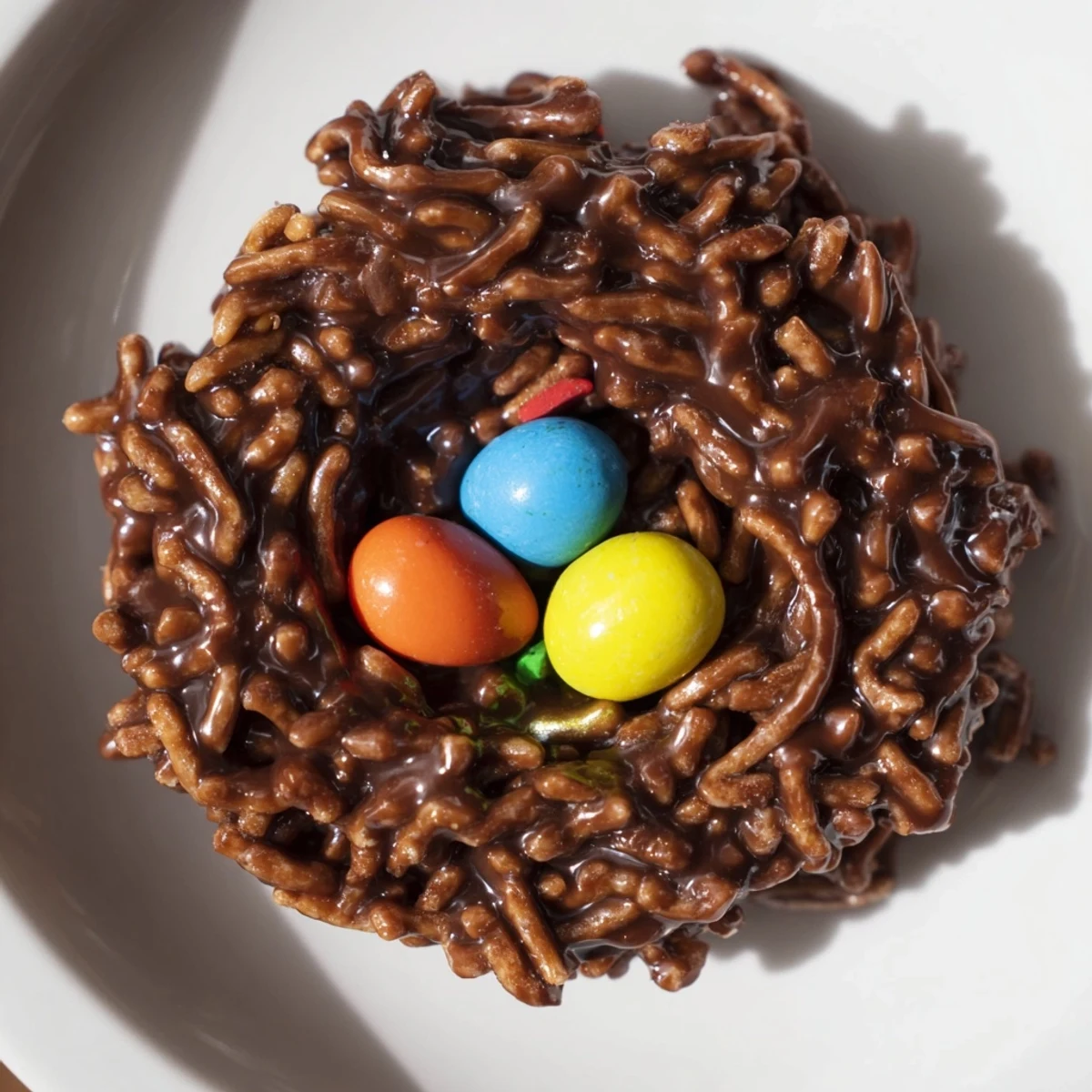 Chocolate no bake birds nest cookies filled with colorful candy eggs on a white plate