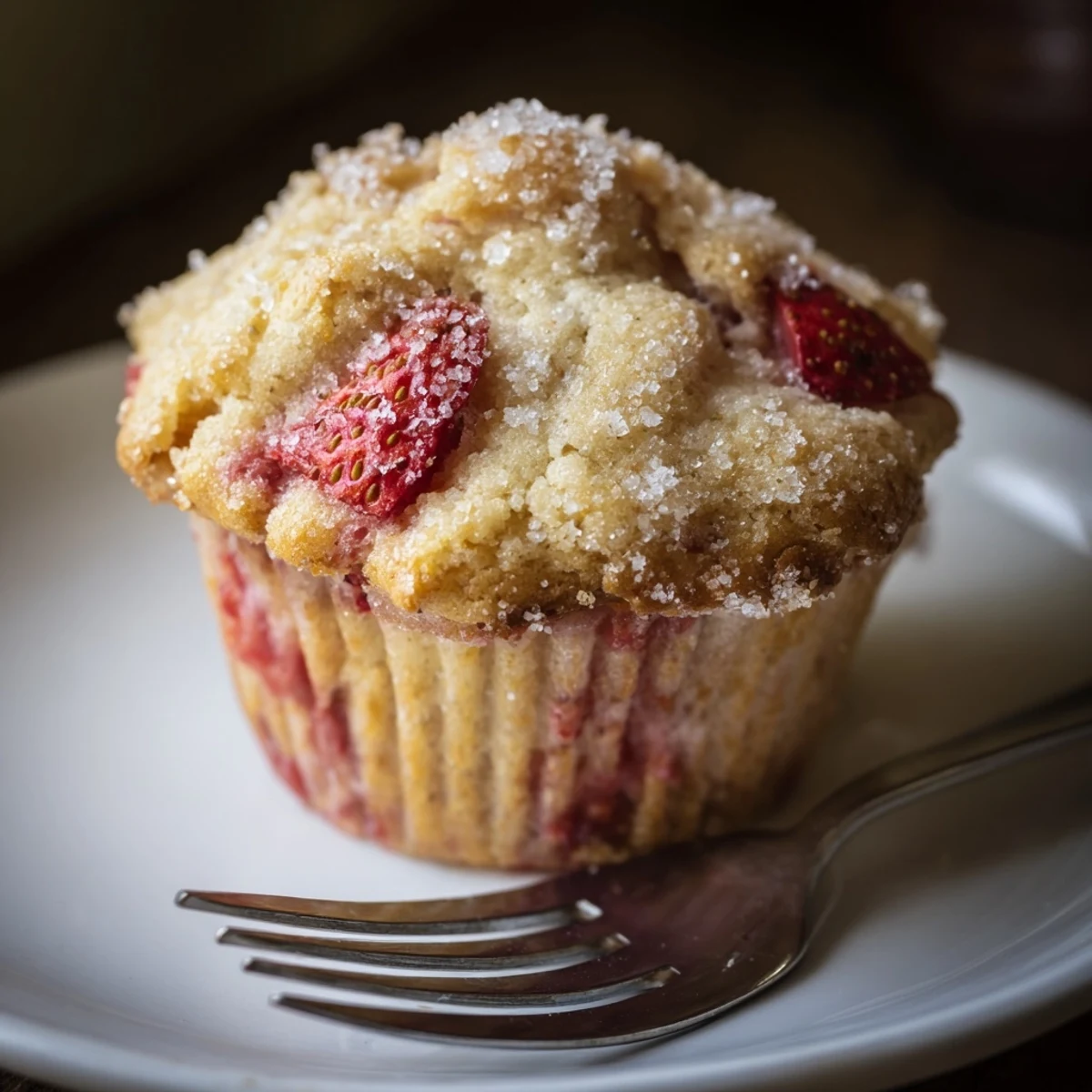 Golden bakery style fresh strawberry muffins topped with sparkling coarse sugar on a wire rack