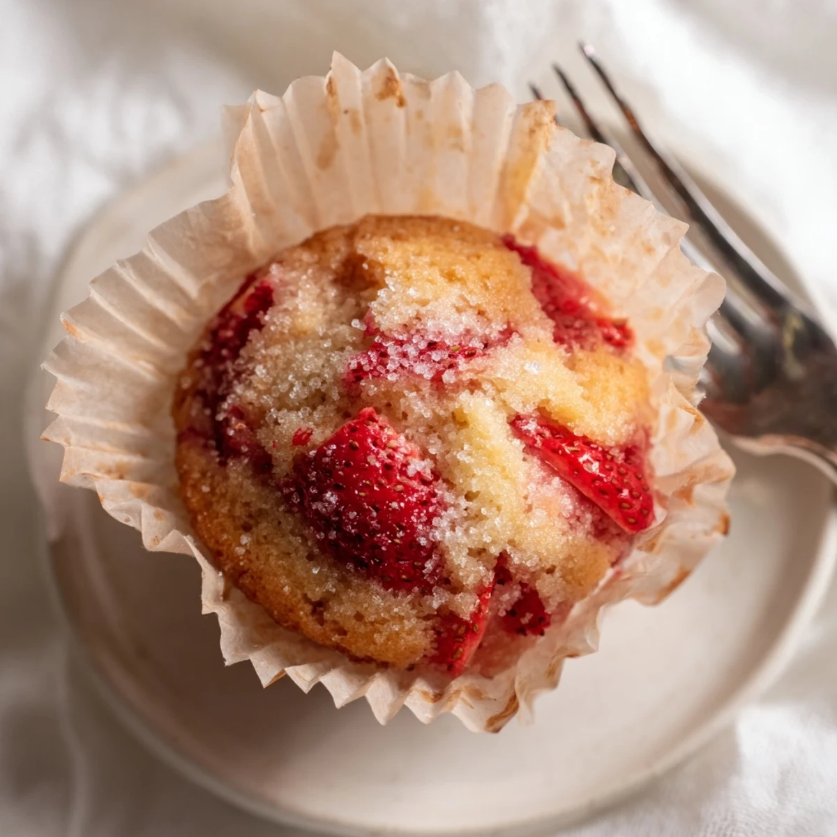 Fluffy fresh strawberry muffins with juicy diced berries and golden brown sugared crust