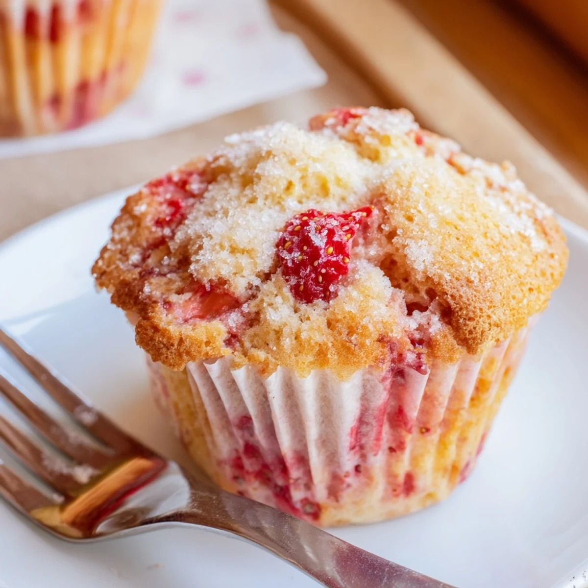 Moist strawberry muffins studded with red fruit pieces and crunchy vanilla sugar topping
