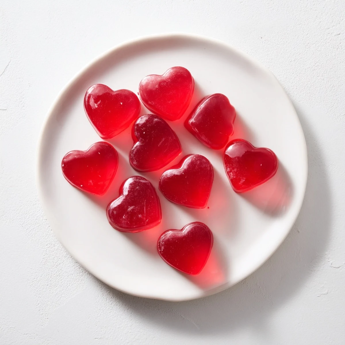 Chewy homemade strawberry gummies arranged on a white plate, showing their bright red color and smooth texture