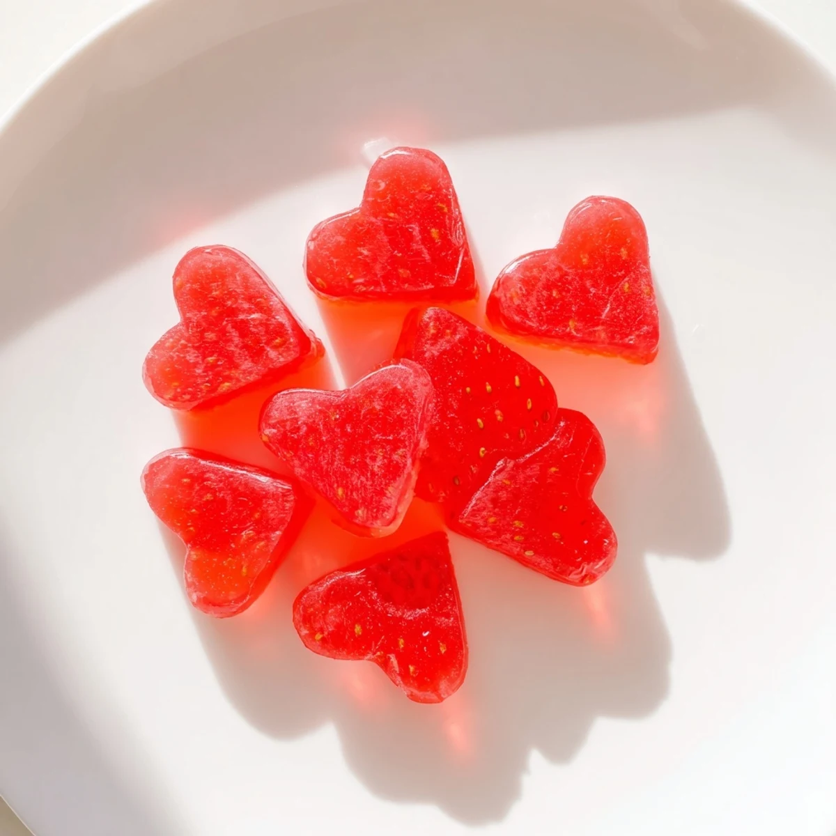 Fresh homemade strawberry gummies in silicone molds, glistening with natural fruit sweetness and vibrant pink hue