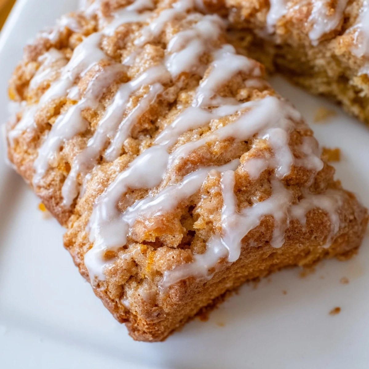 Golden peach butter swim biscuits drizzled with white vanilla glaze on a serving plate