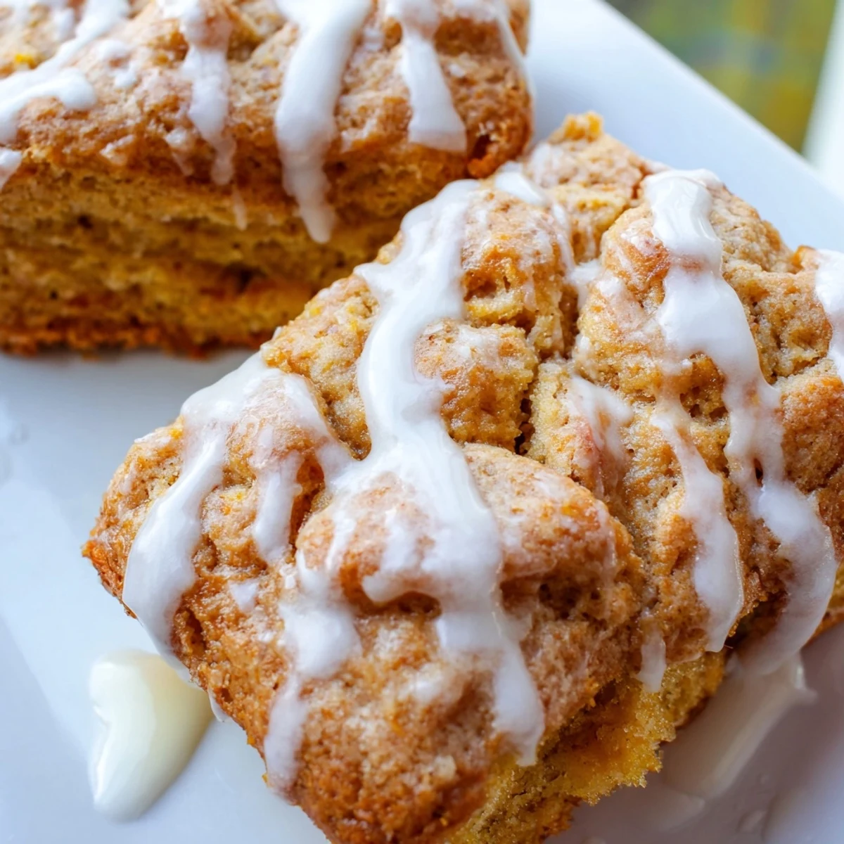 Warm breakfast biscuits with peach-infused butter base and generous vanilla glaze coating